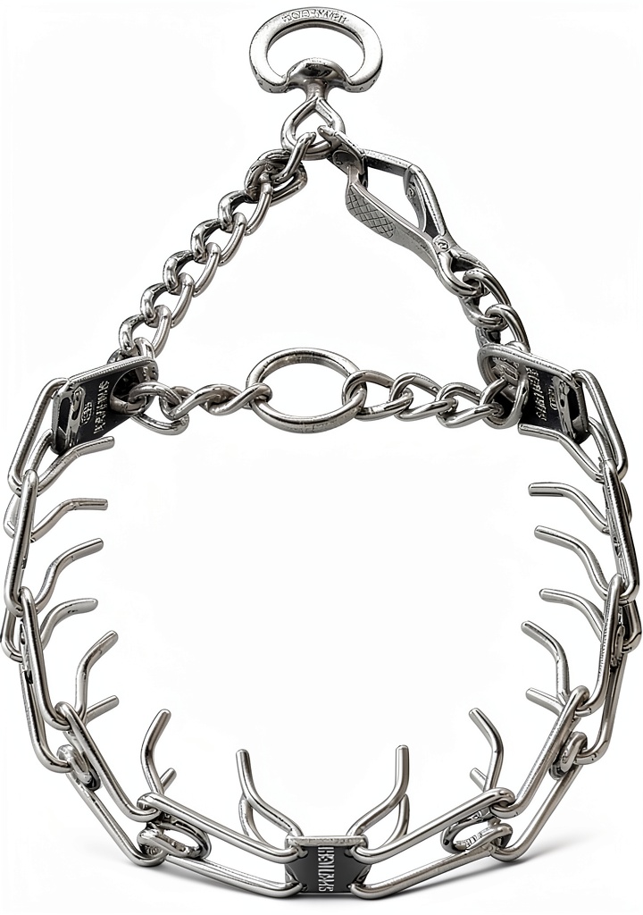 Dog wearing stainless steel pinch collar during training